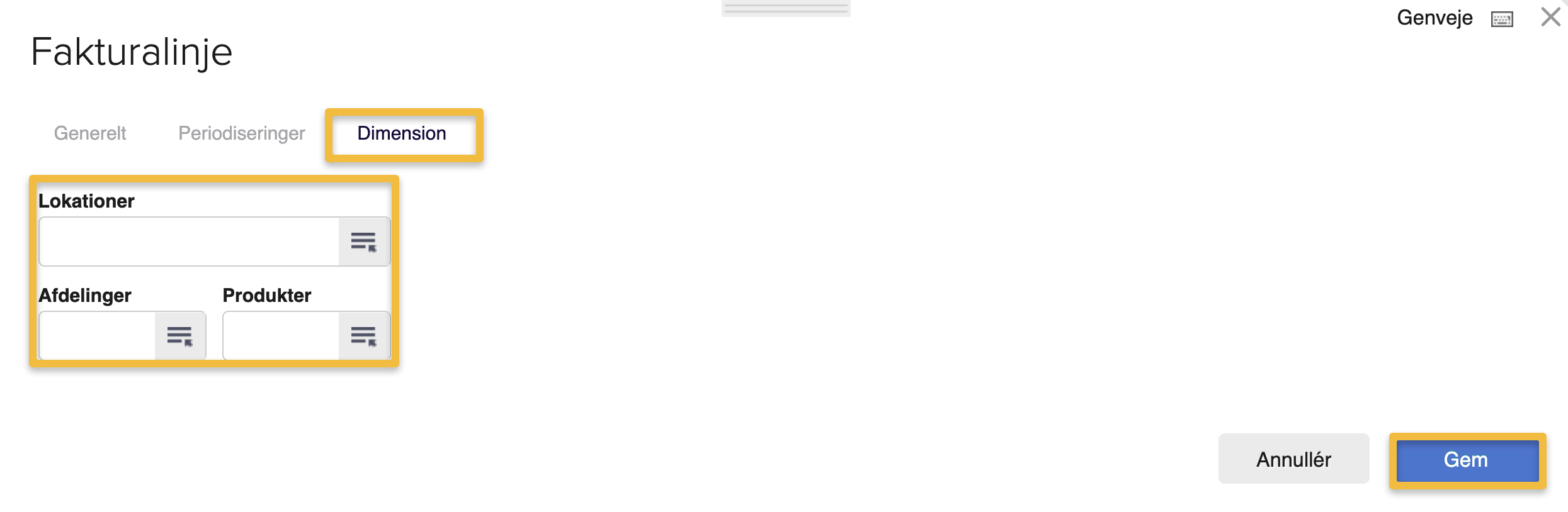 Viser fanen 'Dimension' i vinduet 'Fakturalinje' – bruges til at tilføje dimensionsværdier til linjen.