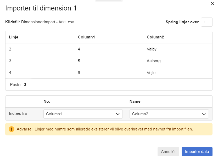 Viser importvinduet til dimensioner i dimensionsopsætningen – bruges til at mappe kolonner fra en importfil til felterne for dimensionsværdier.