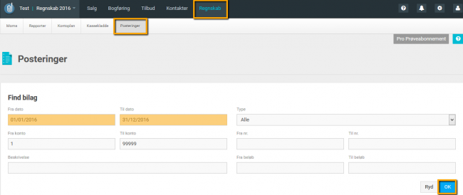 Viser søgefelterne i Posteringer – bruges til at finde posteringer fra en bestemt periode.
