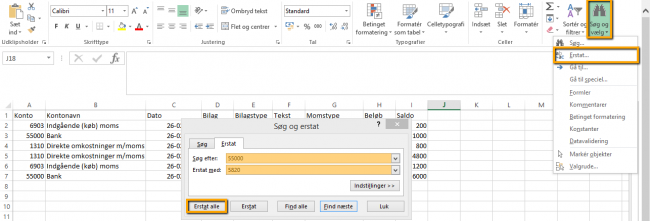 Viser funktionen Søg og erstat i en CSV-fil i Excel – bruges til at ændre kontonumre fra Dinero til e-conomic-kontonumre.