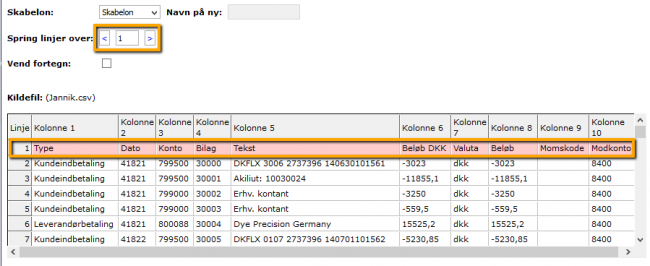 Viser funktionen 'Spring linjer over' i import af posteringer – bruges til at fravælge overskriftsrækken i en importfil.