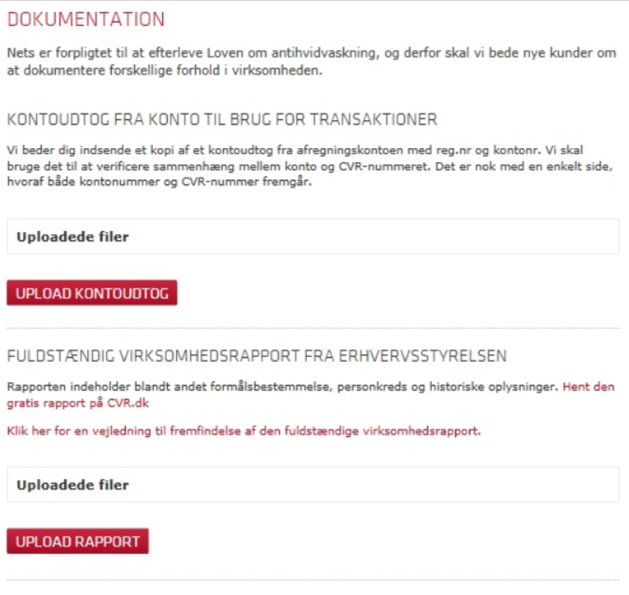 Viser upload-felterne til dokumentation i opsætningen af betalingsaftale – bruges til at indsende kontoudtog og virksomhedsrapport til verifikation.