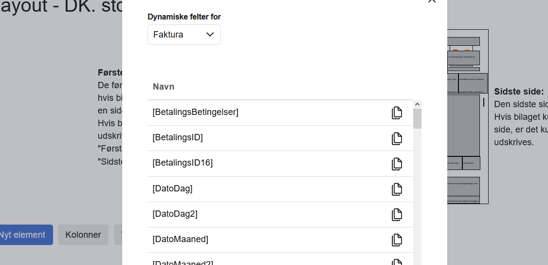 Viser listen over dynamiske felter i Skabelonlayout – bruges til at finde og kopiere koder, der kan indsættes i en fakturaskabelon.