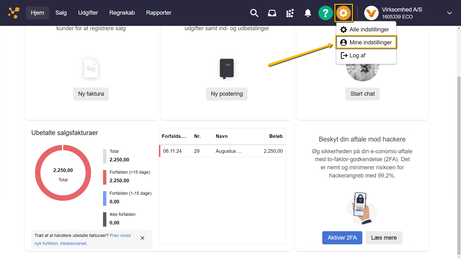 Viser menupunktet Mine indstillinger i tandhjulsmenuen – bruges til at finde og ændre personlige brugerindstillinger.