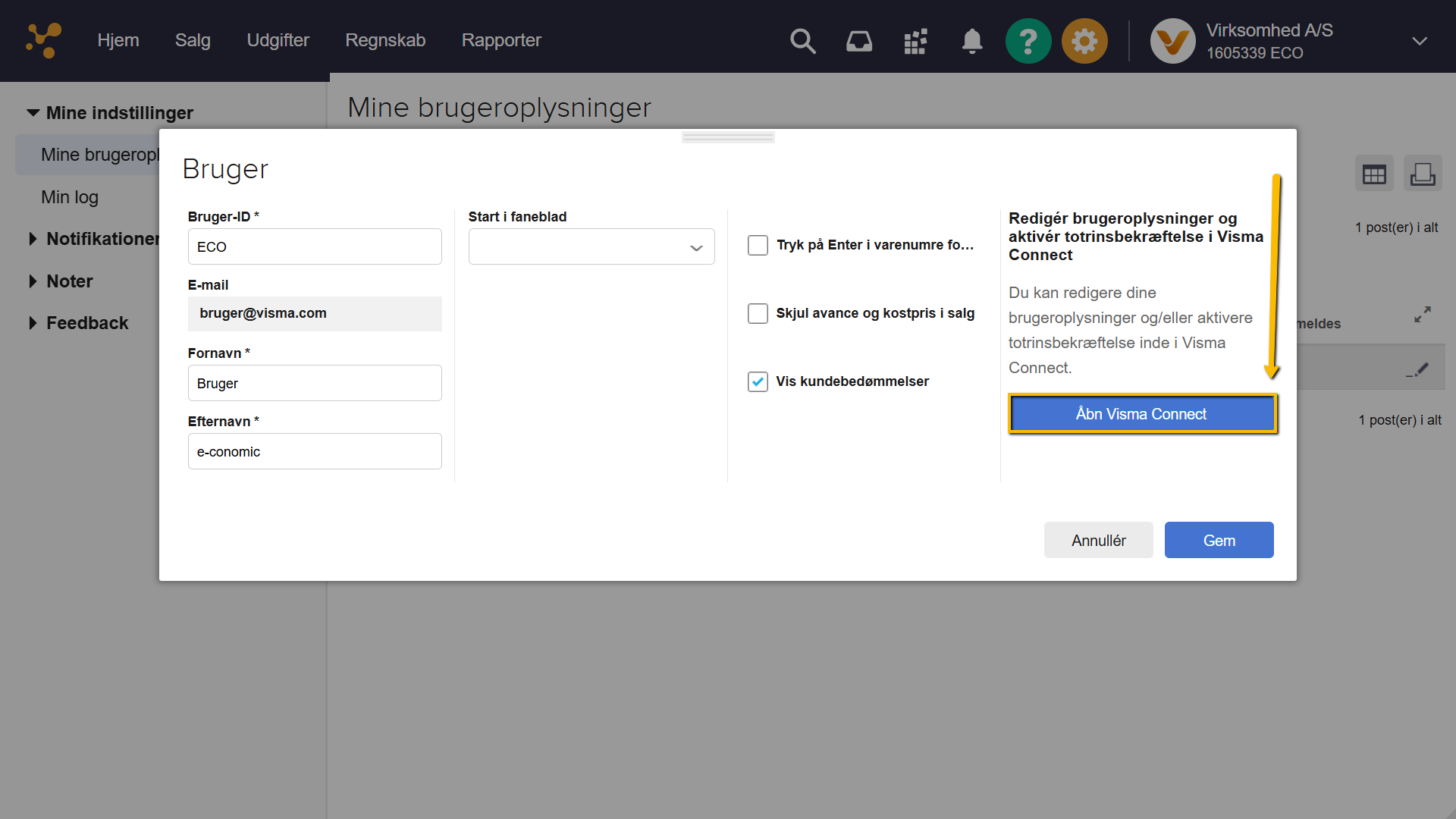 Viser "Åbn Visma Connect"-knappen i Mine brugeroplysninger – bruges til at redigere brugeroplysninger og aktivere totrinsbekræftelse.