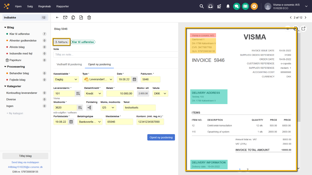 Viser en modtaget e-faktura i Indbakken – bruges til at forstå hvordan data fra e-fakturaen aflæses og klargøres til bogføring.