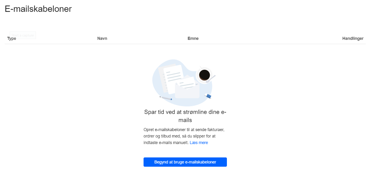 Viser knappen 'Begynd at bruge e-mailskabeloner' i E-mailskabeloner – bruges til at oprette et sæt standardskabeloner i e-conomic.