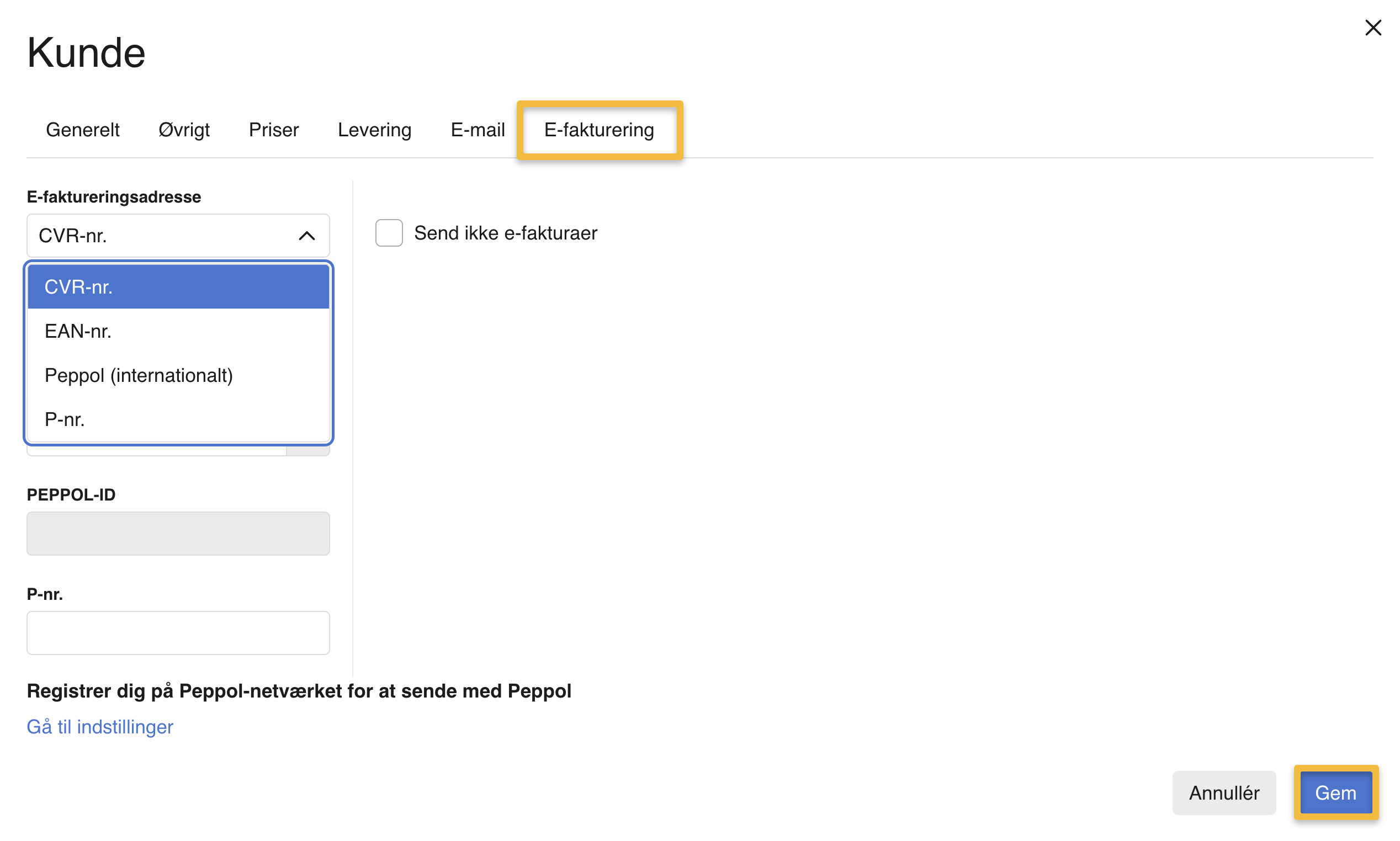 Viser dropdown-menuen E-faktureringsadresse i fanen 'E-fakturering' på kundekortet – bruges til at vælge kundens NemHandel-type til e-fakturering.