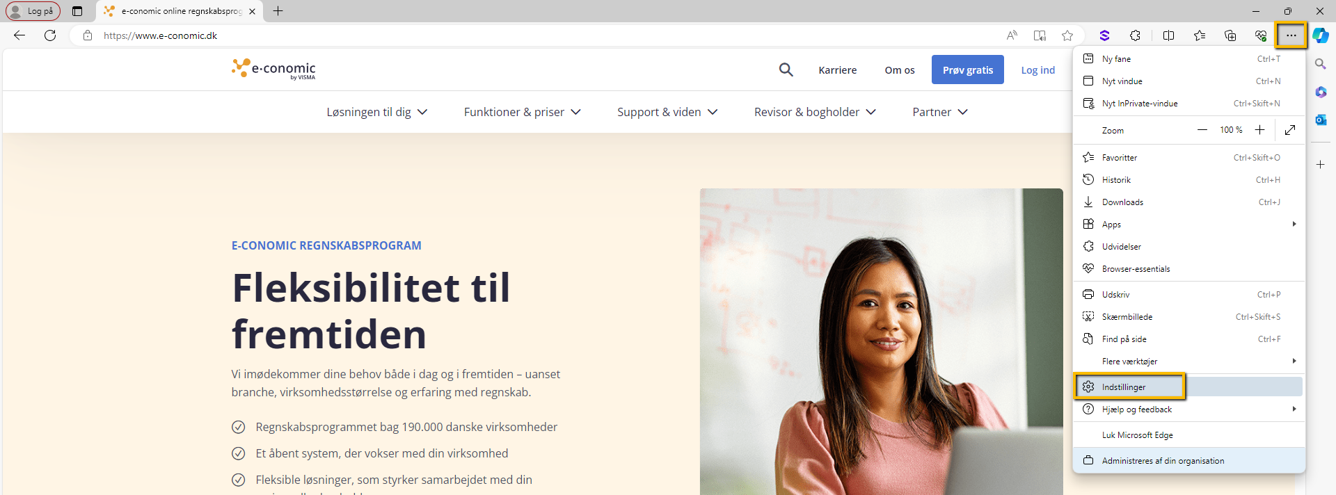 Viser valg af menupunktet Indstillinger i Microsoft Edge-menuen – bruges til at åbne browserens indstillinger for at tillade pop op-vinduer.