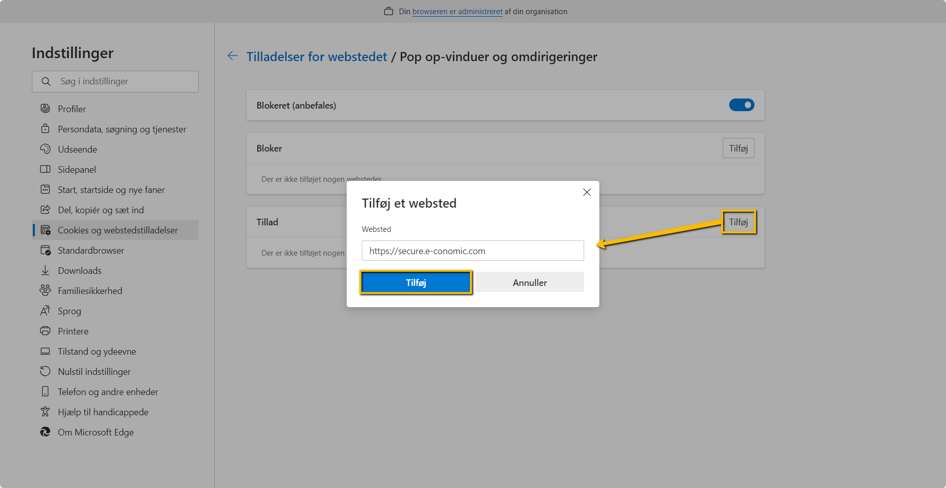 Viser tilføjelse af e-conomics websted i indstillingerne for pop op-vinduer i Microsoft Edge – bruges til at tillade pop op-vinduer fra e-conomic.