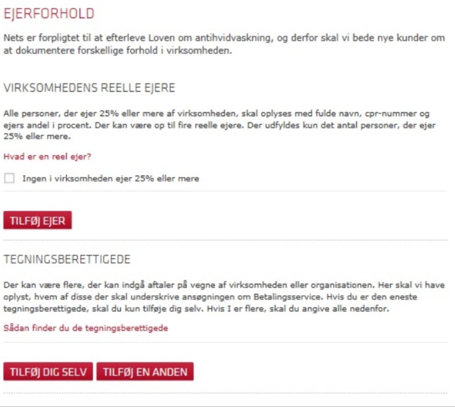 Viser afsnittet 'Ejerforhold' i en ansøgning til en betalingsaftale – bruges til at dokumentere virksomhedens reelle ejere og tegningsberettigede.