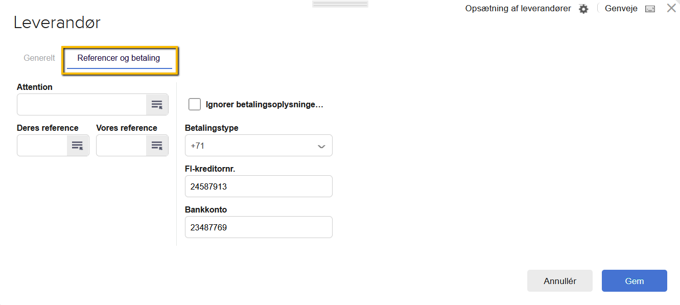 Viser fanen "Referencer og betaling" på leverandørkortet – bruges til at indtaste betalingsoplysninger for at kunne eksportere betalinger.