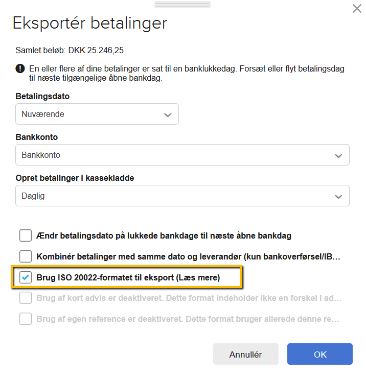 Viser pop-op-vinduet 'Eksportér betalinger' i bankmodulet – bruges til at aktivere ISO 20022-formatet til eksport af betalingsfiler.