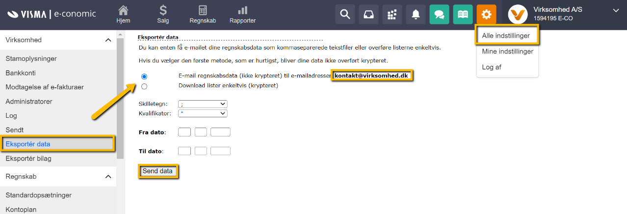 Viser dataeksport-siden i Alle indstillinger – bruges til at sende alle regnskabsdata til en e-mailadresse.