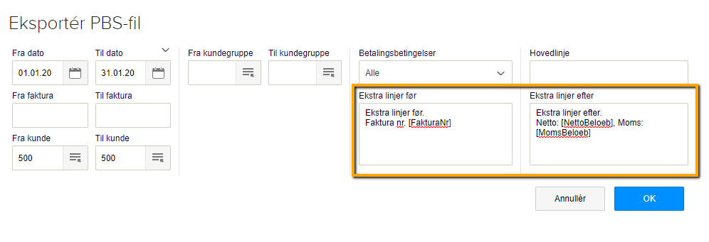Viser felterne 'Ekstra linjer før' og 'Ekstra linjer efter' i dialogboksen 'Eksportér PBS-fil' – bruges til at tilføje ekstra tekst og dynamiske felter til PBS-filen.