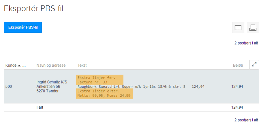 Viser ekstra tekstlinjer på en faktura i Eksportér PBS-fil – bruges til at kontrollere teksten, inden filen sendes til PBS.