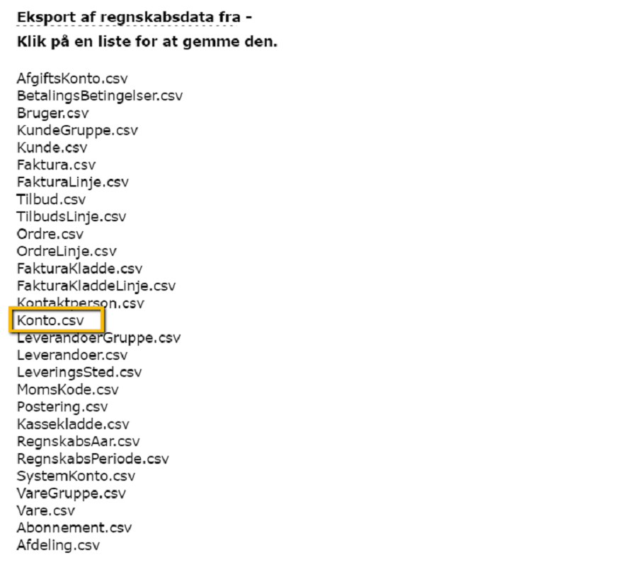 Viser filen 'Konto.csv' i Eksportér data – bruges til at downloade kontoplanen.