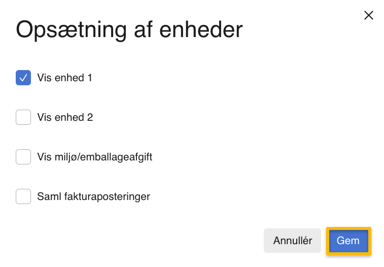 Viser opsætningen for enheder i Alle indstillinger – bruges til at vælge hvilke enheder, der skal vises på posteringer.