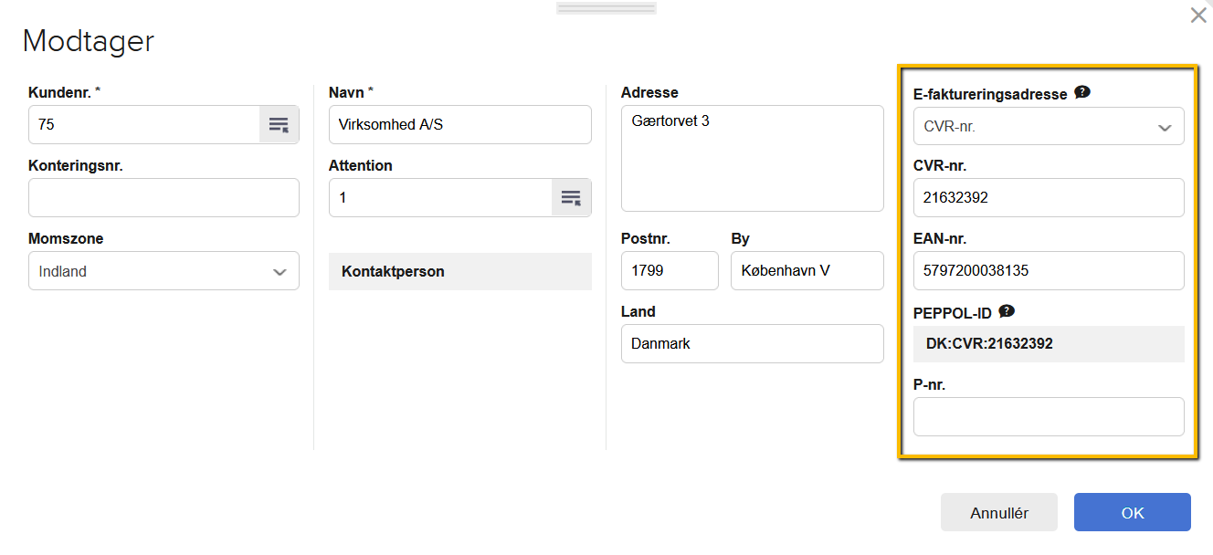 Viser felterne for e-faktureringsadresse i modtageroplysningerne på en faktura – bruges til at kontrollere at det korrekte CVR- eller EAN-nummer er valgt.