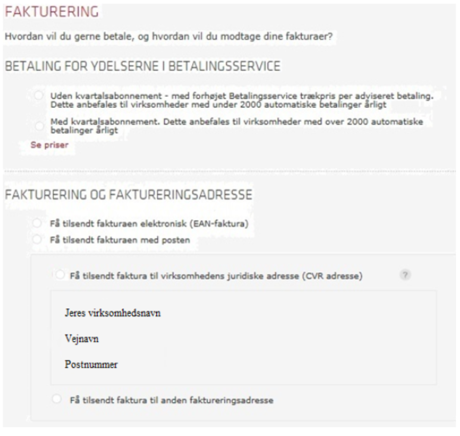 Viser indstillinger for betaling og fakturering i virksomhedsindstillingerne – bruges til at vælge betalingsplan og faktureringsmetode for ydelser fra Nets.
