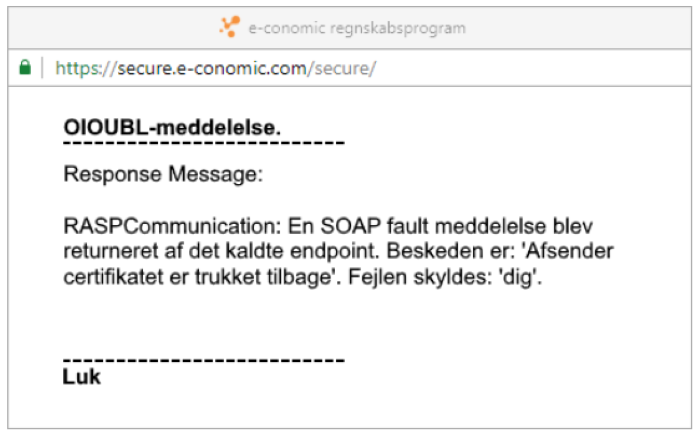 Viser fejlmeddelelsen 'Afsender certifikatet er trukket tilbage' i e-conomic – bruges til at identificere en specifik fejl ved afsendelse af en EAN-faktura.