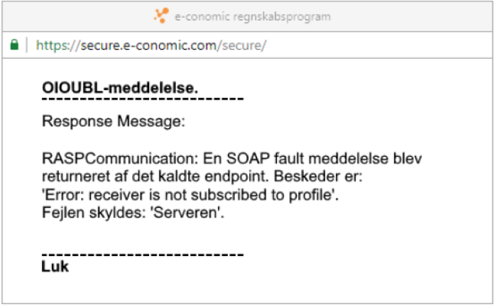 Viser en fejlmeddelelse om afvist EAN-faktura i e-conomic – bruges til at informere brugeren om, at modtageren ikke er tilmeldt den korrekte profil.