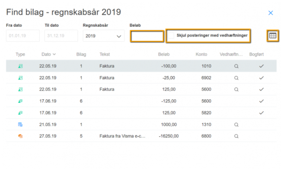 Viser søgefunktionen i 'Find bilag'-vinduet – bruges til at finde en specifik postering, der skal have vedhæftet et bilag.