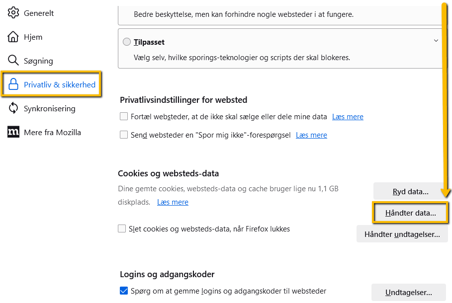 Viser knappen 'Håndter data...' i indstillingerne for 'Privatliv & sikkerhed' i Firefox – bruges til at slette individuelle cookies.