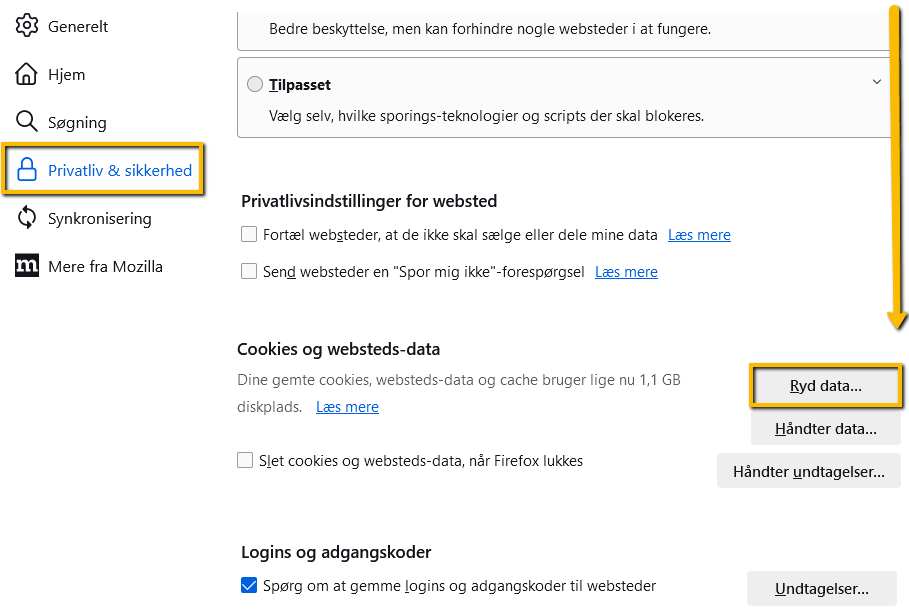 Viser "Ryd data..."-knappen under "Privatliv & sikkerhed" i Firefox – bruges til at slette cookies og websteds-data.