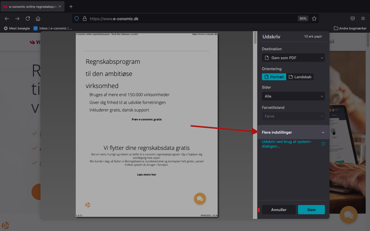 Viser indstillingen 'Flere indstillinger' i printdialogen – bruges til at ændre standardopsætning for printeren.