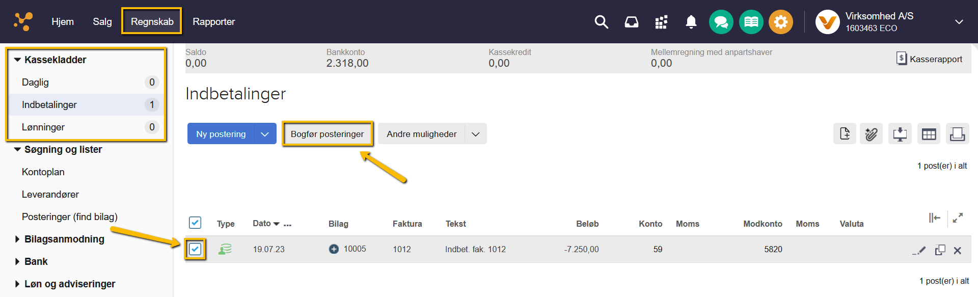 Viser knappen 'Bogfør posteringer' i kassekladden – bruges til at bogføre en markeret kundeindbetaling.