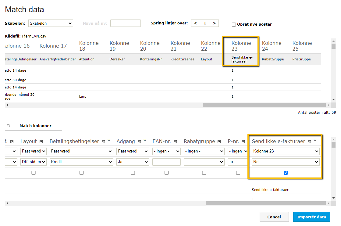 Viser match af datafelter i kundeimporten – bruges til at fravælge e-fakturering for flere kunder på én gang.