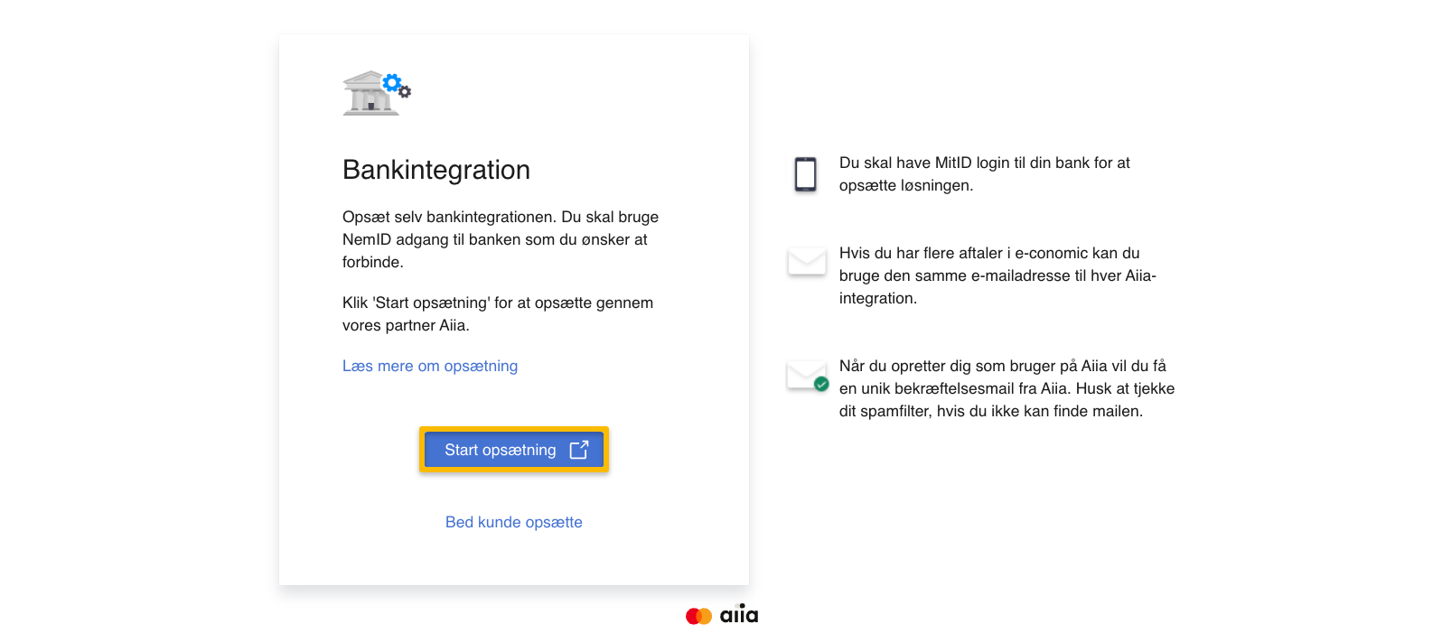 Viser 'Start opsætning'-knappen i bankintegration – bruges til at starte opsætningen af bankforbindelsen med Aiia.