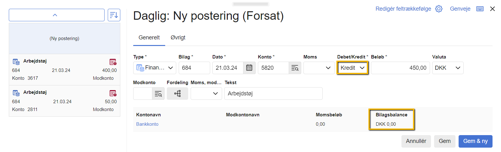 Viser en kreditpostering, der bringer bilagsbalancen i nul, i kassekladden – bruges til at afslutte og afstemme en flerbenet postering.