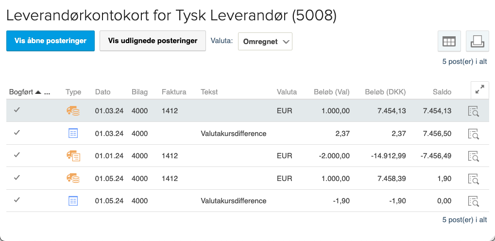 Viser bogføringen af en faktura og to delbetalinger i leverandørkontokortet – bruges til at forstå, hvordan systemet opretter en valutakursdifferens for hver betaling.