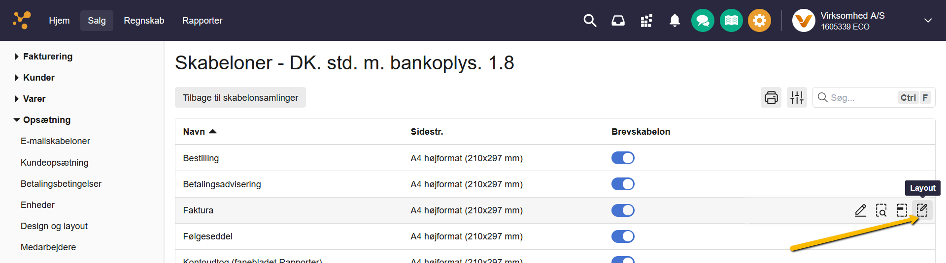 Viser layout-knappen ved faktura-skabelonen i skabelonoversigten – bruges til at åbne layout-editoren.