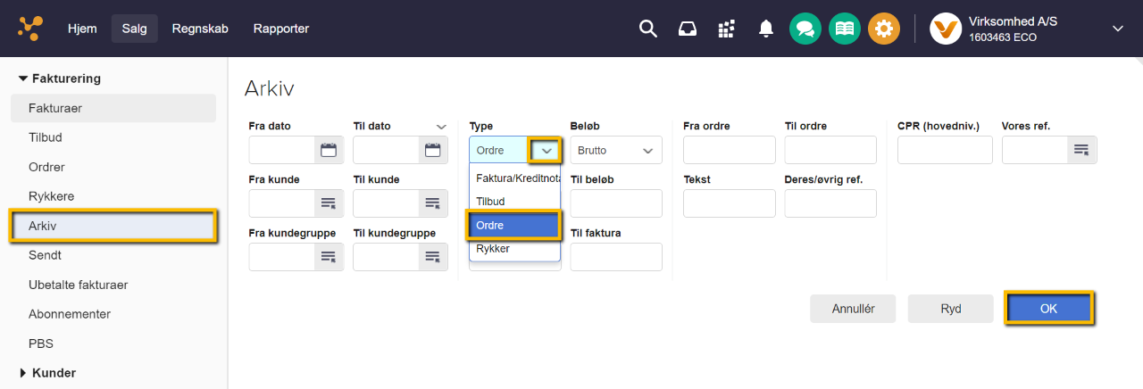 Viser filtrering af arkivet på dokumenttypen 'Ordre' i Salgsmodulet – bruges til at finde en specifik ordre for at udskrive en følgeseddel.