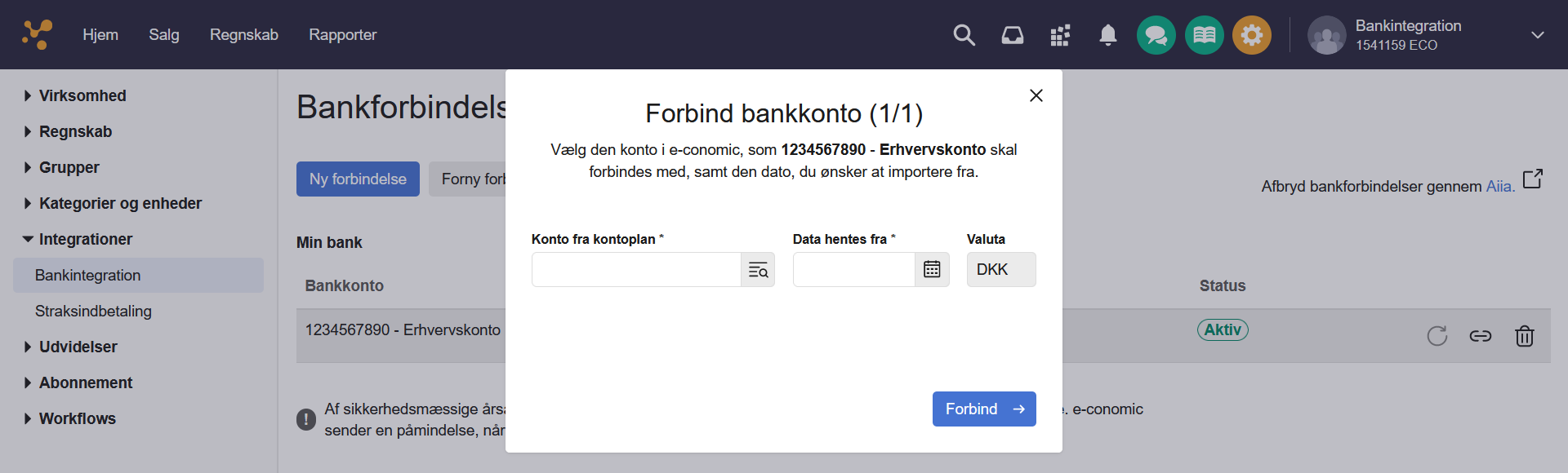 Viser det sidste trin i opsætningen af en bankforbindelse i Bankintegration – bruges til at forbinde bankkontoen med en konto fra kontoplanen og angive en startdato for import.