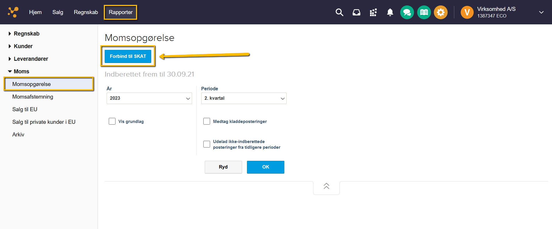 Viser knappen 'Forbind til SKAT' i momsopgørelsen – bruges til at etablere forbindelse til SKAT.