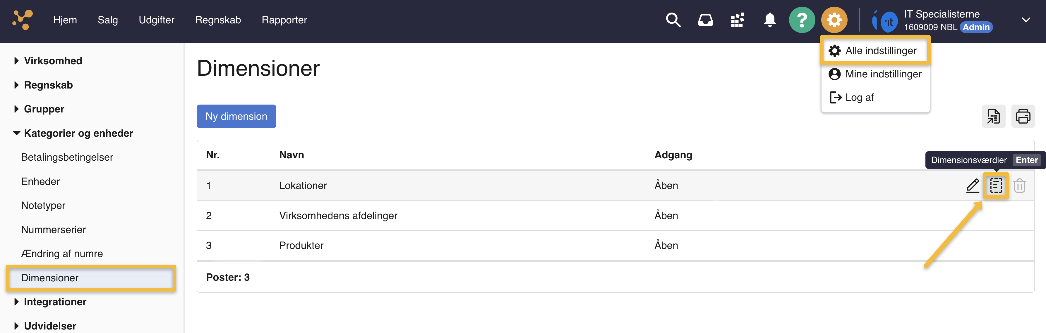 Viser navigationen til knappen 'Dimensionsværdier' i dimensions-oversigten – bruges til at oprette en fordelingsnøgle.