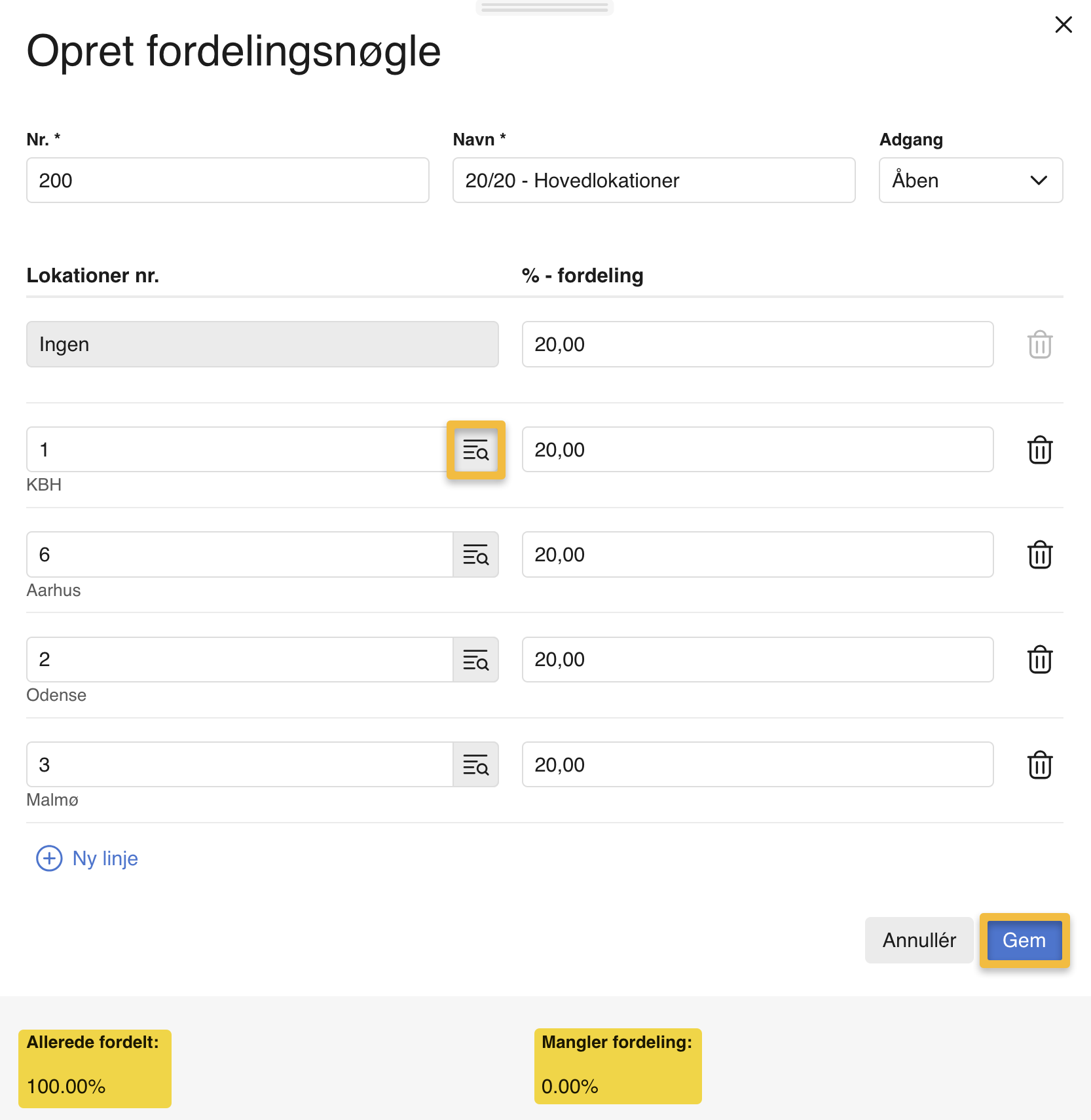Viser pop op-vinduet 'Opret fordelingsnøgle' i Dimensioner – bruges til at definere en procentvis fordeling af beløb på tværs af udvalgte dimensionsværdier.