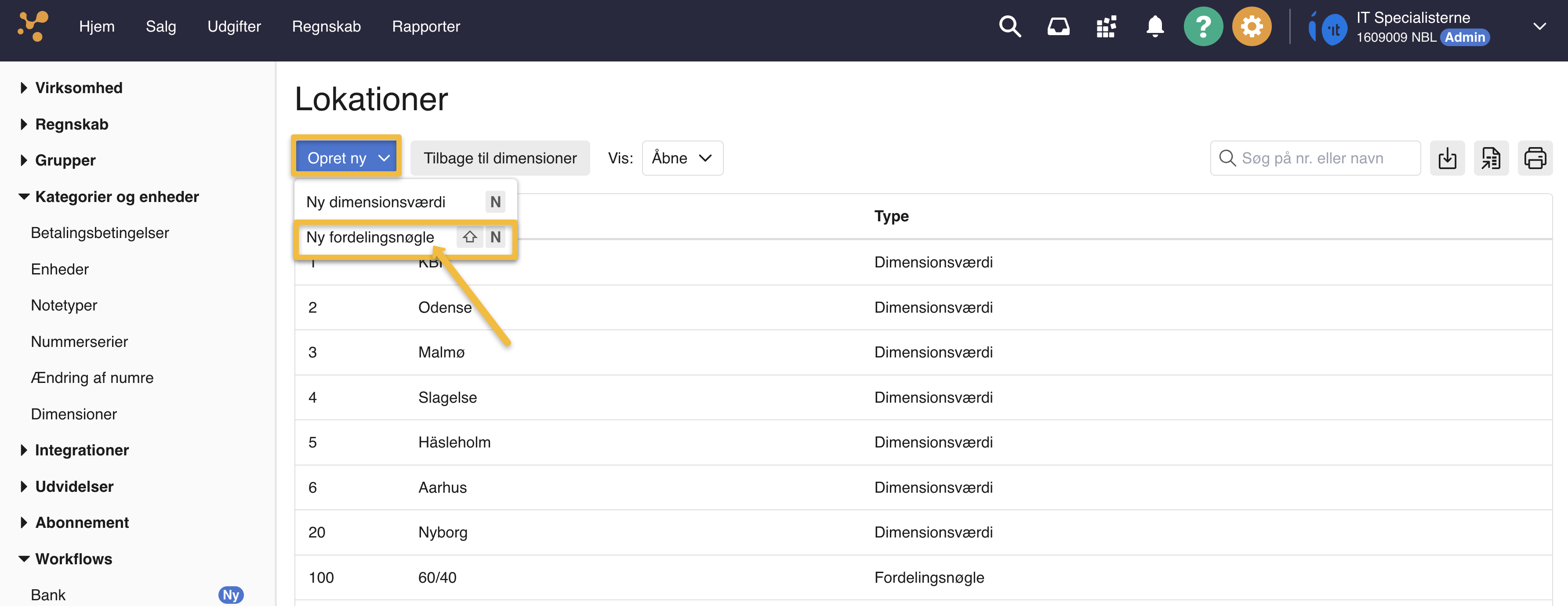 Viser valg af 'Ny fordelingsnøgle' under knappen 'Opret ny' i listen over dimensionsværdier – bruges til at starte oprettelsen af en ny fordelingsnøgle.