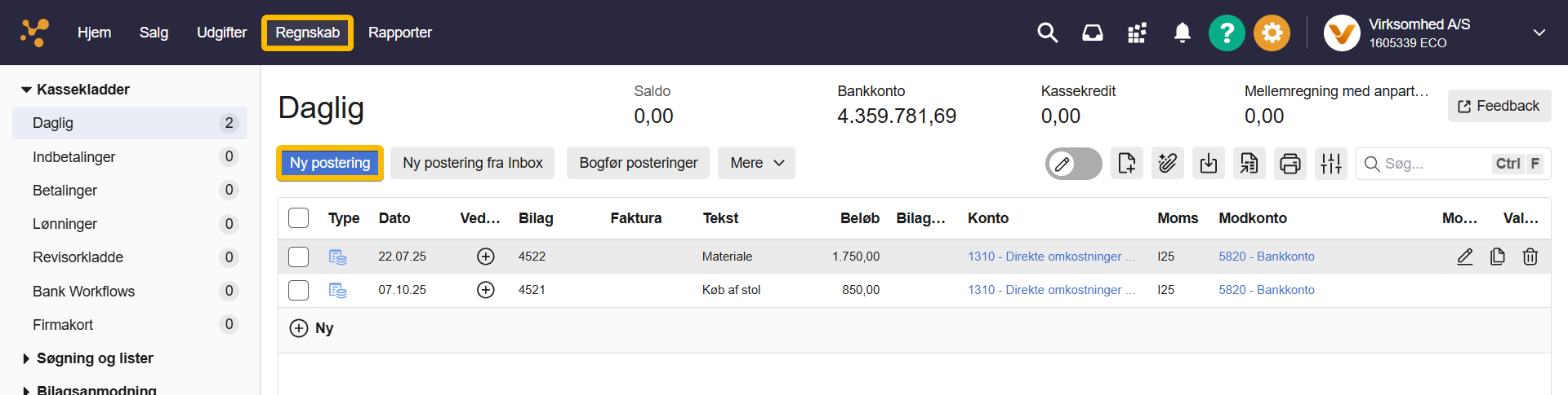 Viser valg af kassekladde under Regnskab og klik på Ny postering – bruges til at starte registrering af kundeforudbetaling.