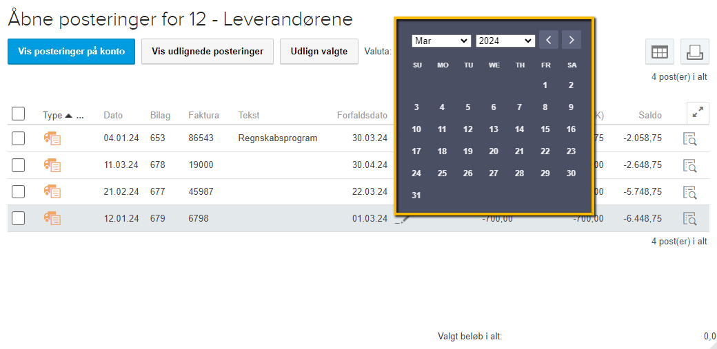 Viser kalendermenuen i leverandørers åbne posteringer – bruges til at ændre forfaldsdatoen på en købsfaktura.