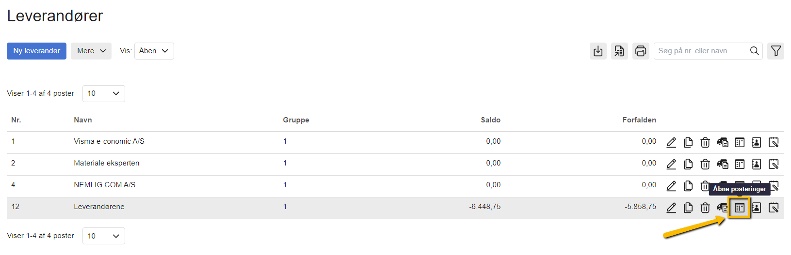 Viser ikonet "Åbne posteringer" i leverandørlisten – bruges til at se en leverandørs åbne posteringer.