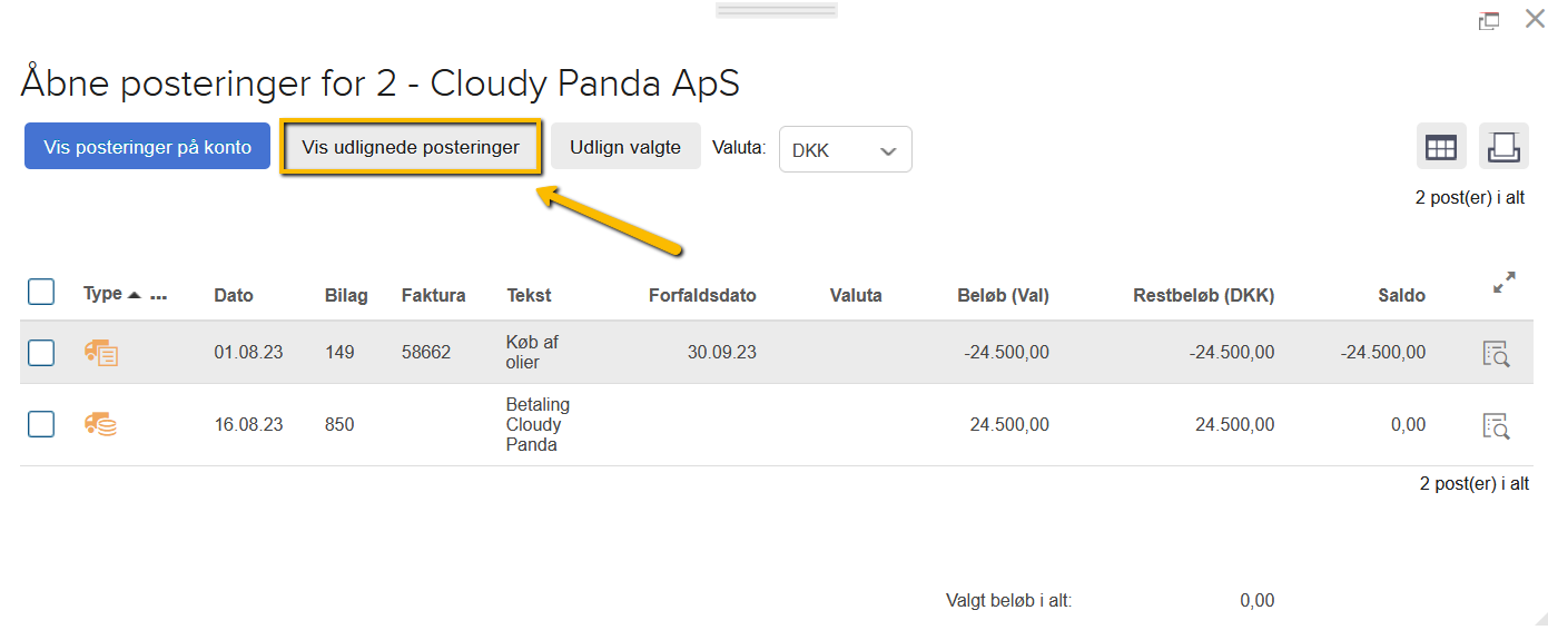 Viser knappen 'Vis udlignede posteringer' i vinduet 'Åbne posteringer' – bruges til at få vist udlignede posteringer for at kunne fortryde en udligning.