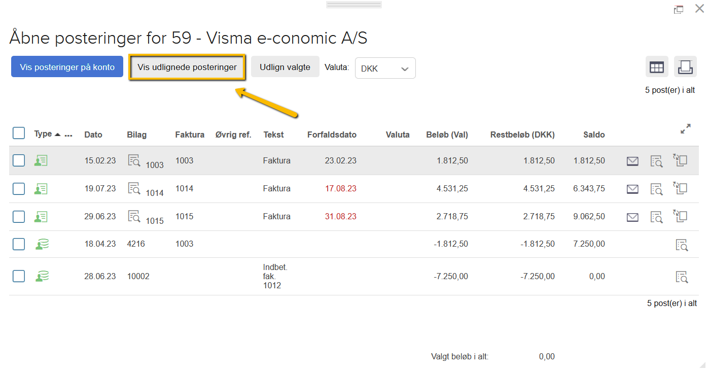 Viser knappen 'Vis udlignede posteringer' i oversigten Åbne posteringer – bruges til at få vist lukkede posteringer for at kunne fortryde en udligning.