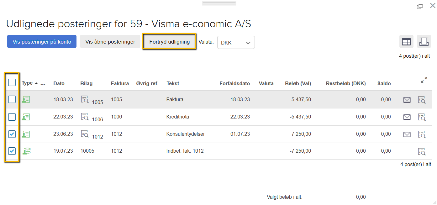 Viser knappen 'Fortryd udligning' i listen over udlignede posteringer – bruges til at fortryde en udligning for markerede posteringer.