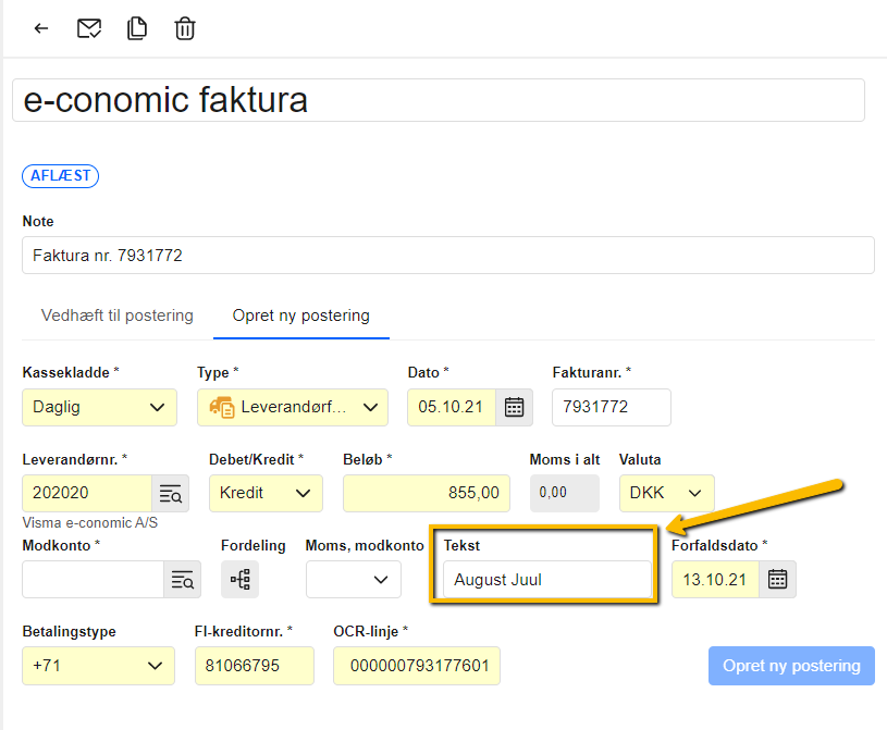 Viser tekstfeltet på en postering i kassekladden – bruges til at gøre bilaget søgbart på personoplysninger.