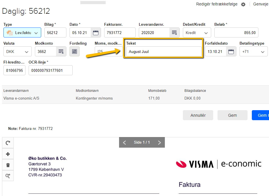 Viser tekstfeltet på en postering i kassekladden – bruges til at gøre bilaget søgbart på personoplysninger.